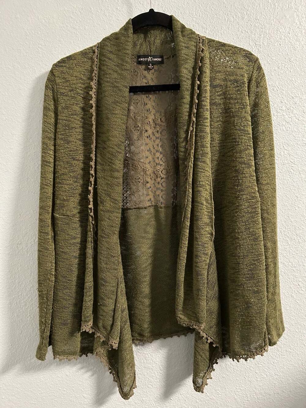 Almost Famous Cardigan Size S Green Lace Back Open Front